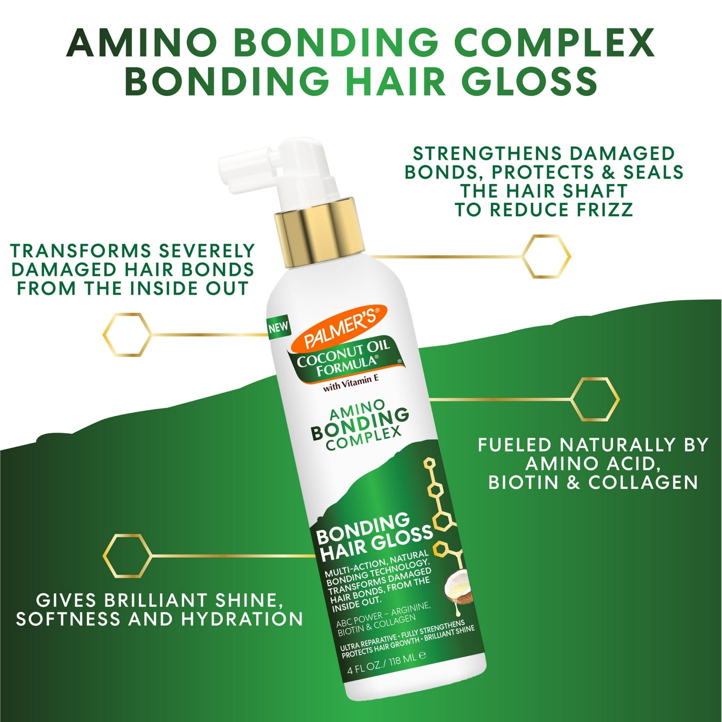 Palmer's
Coconut Oil Formula® with Vitamin E, Amino Bonding Complex, Bonding Hair Gloss, 4 fl oz (118 ml